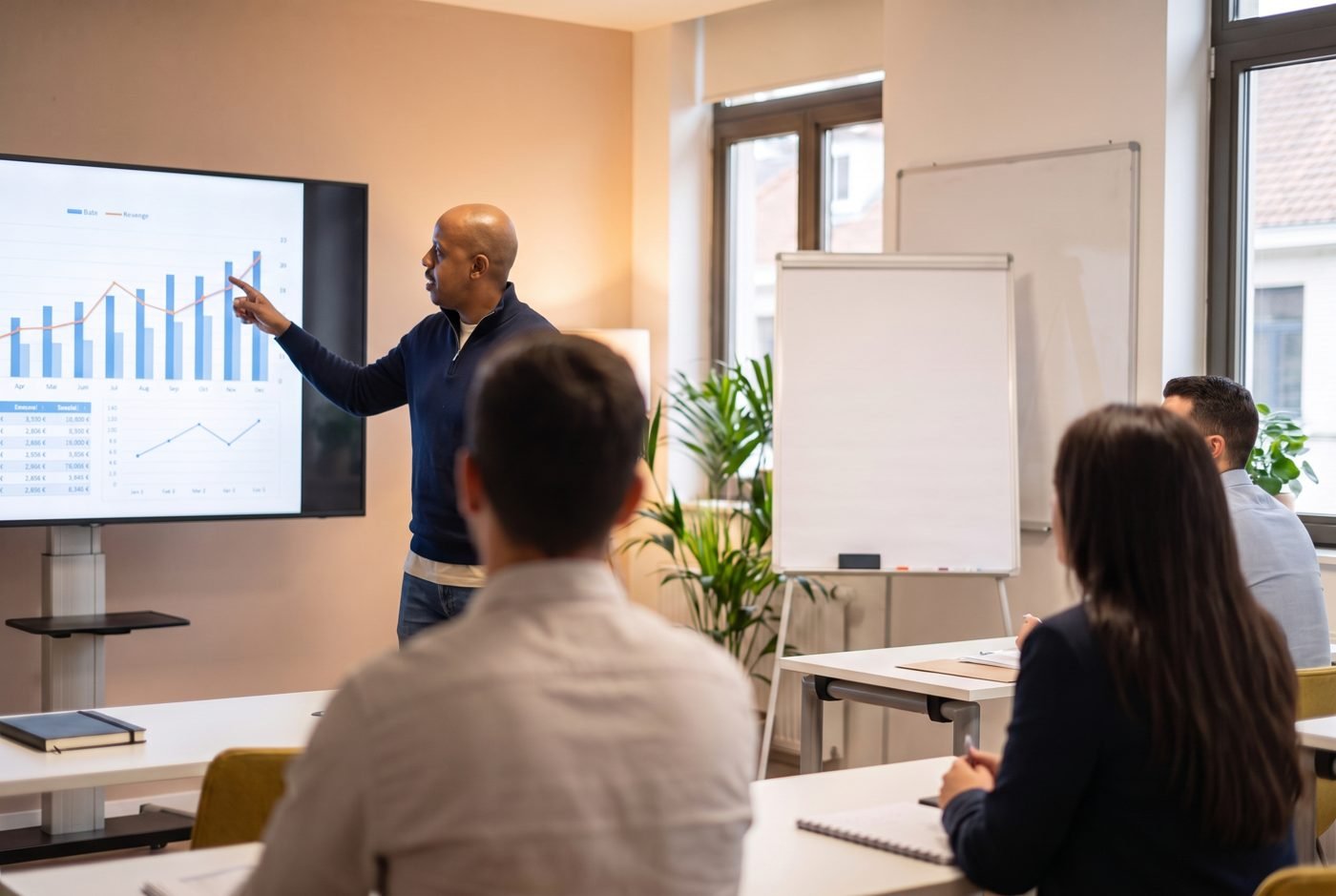 Thiago Sabino dando aula para lojistas diante de uma tela com gráficos
